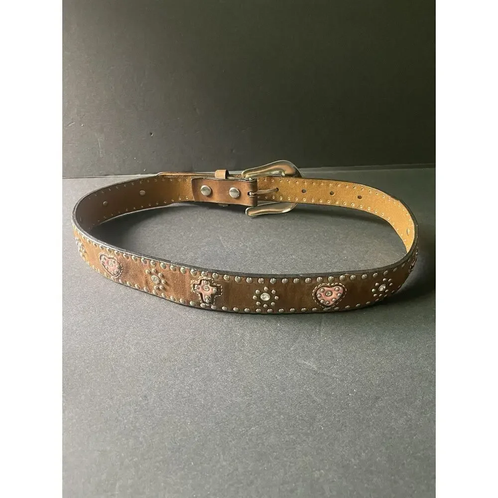 Nacona Girls Size 26”Heart Belt Brown Leather Studded Western Rodeo Cowgirl